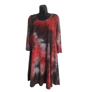 Honeyme Womens Red Black Tie Dye 3/4 Sleeve A-Line Dress Made in USA  L